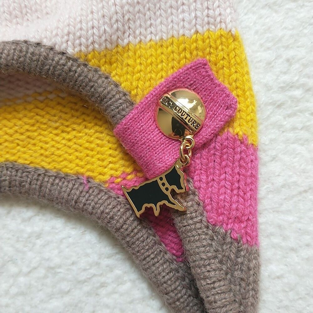 Juicy Couture Beanie Hat Girl Tassel Ear Flaps Knit Striped Wool Blend Dog Charm - Picture 3 of 7
